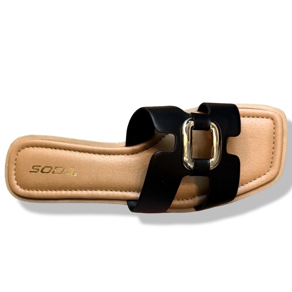 SODA FENG SANDALS Black Faux Leather Slide Gold Buckle Sz 10 - Picture 8 of 14